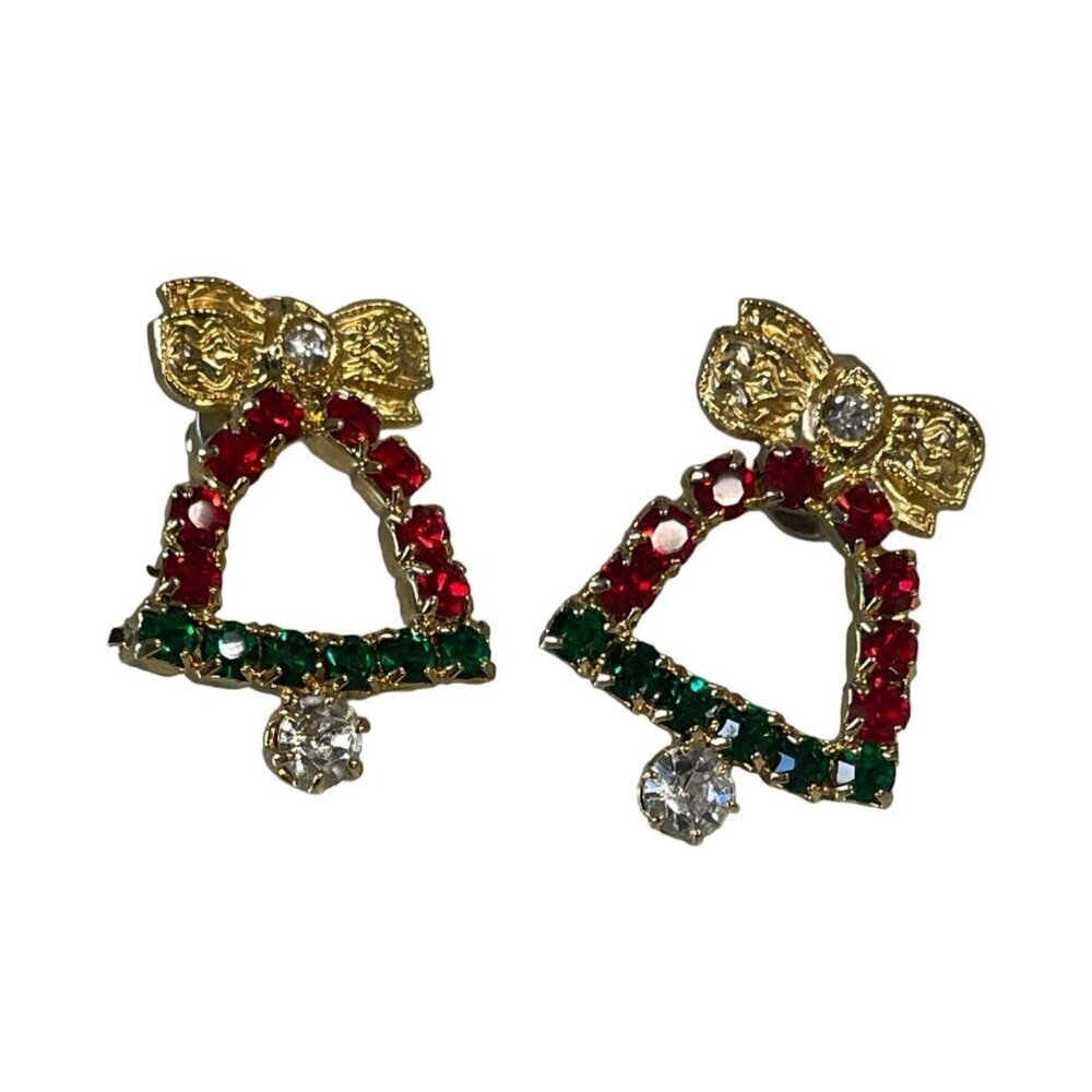 Vintage Christmas Bell‎ Earrings With Red & Green Rhinestones & Gold Bow